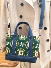 Load image into Gallery viewer, Oakland A&#39;s crossbody bag, A&#39;s Tote bag, Oakland A&#39;s, Denim bag, A&#39;s denim bag, Oakland A&#39;s bag
