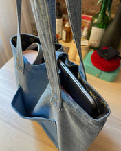 Load image into Gallery viewer, Jean Tumbler bag, Denim bag, Jean school bag, Denim shoulder bag, Tumbler holder, Denim Jean bag
