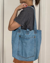 Load image into Gallery viewer, Jean Tumbler bag, Denim bag, Jean school bag, Denim shoulder bag, Tumbler holder, Denim Jean bag
