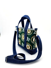 Load image into Gallery viewer, Oakland A&#39;s crossbody bag, A&#39;s Tote bag, Oakland A&#39;s, Denim bag, A&#39;s denim bag, Oakland A&#39;s bag
