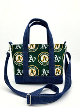 Load image into Gallery viewer, Oakland A&#39;s crossbody bag, A&#39;s Tote bag, Oakland A&#39;s, Denim bag, A&#39;s denim bag, Oakland A&#39;s bag
