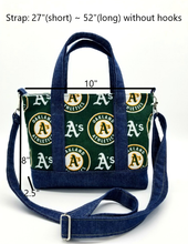 Load image into Gallery viewer, Oakland A&#39;s crossbody bag, A&#39;s Tote bag, Oakland A&#39;s, Denim bag, A&#39;s denim bag, Oakland A&#39;s bag
